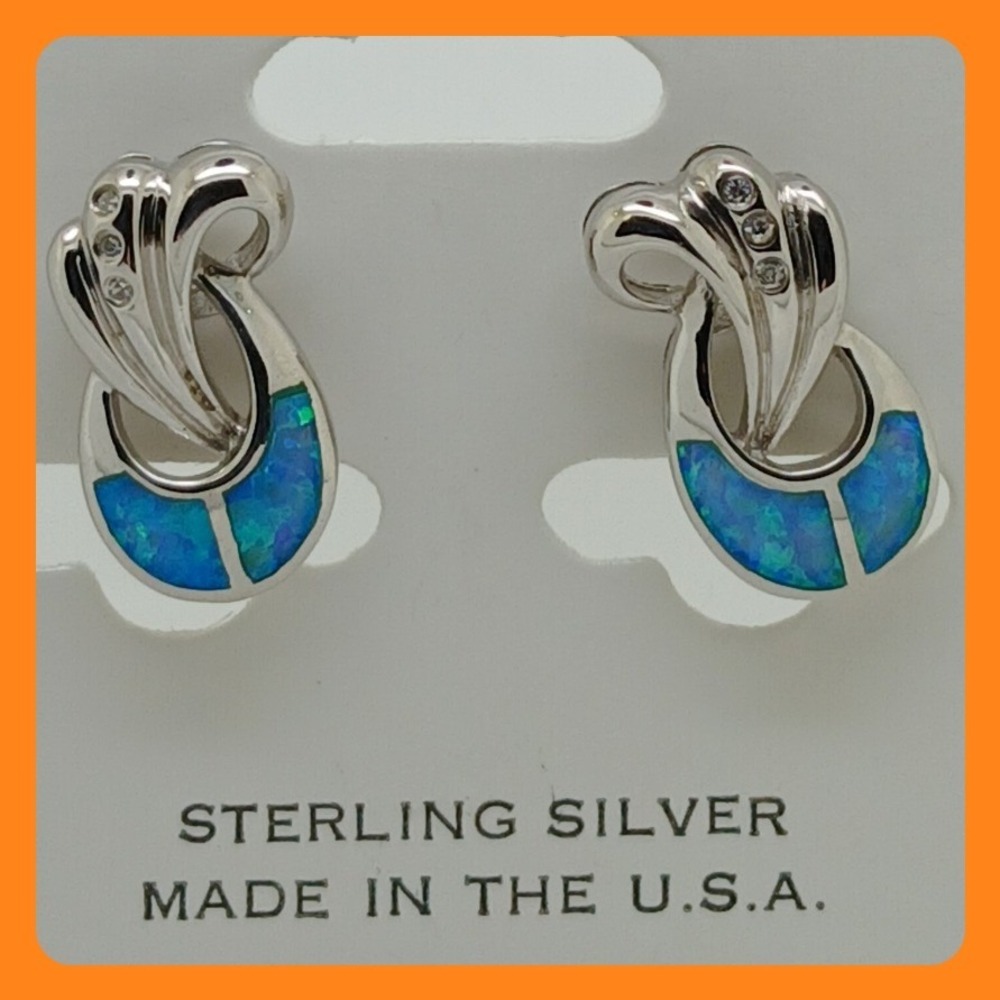 Vintage 1990s Sterling Silver Blue Opal Inlay Post Earrings Made in USA Rare New